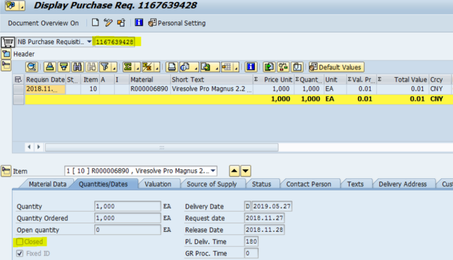 SAP MM 采購申請(qǐng)單據(jù)ITEM數(shù)據(jù)里的Closed標(biāo)記是什么
