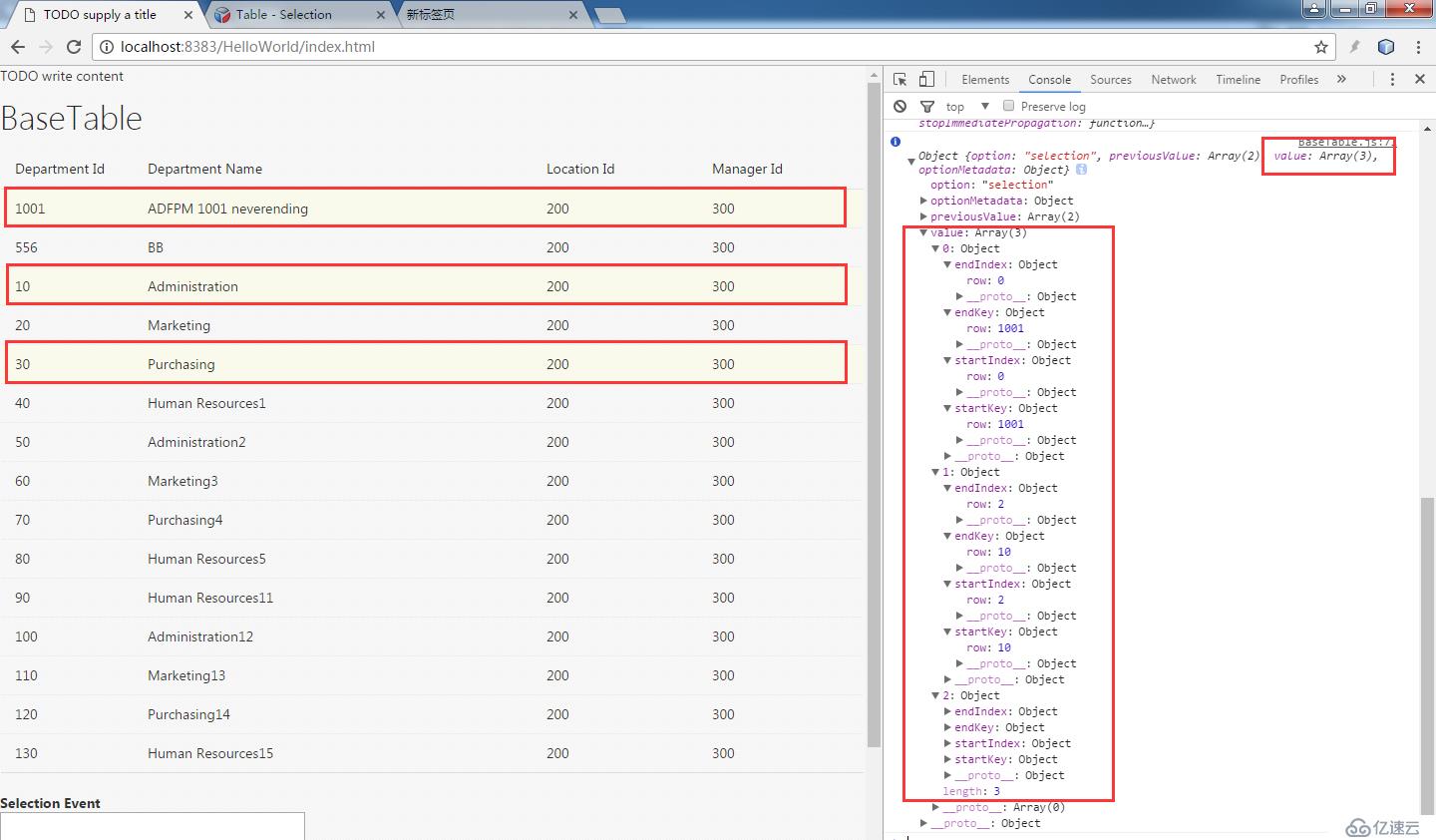 ORACLE JET Basic Table Selection