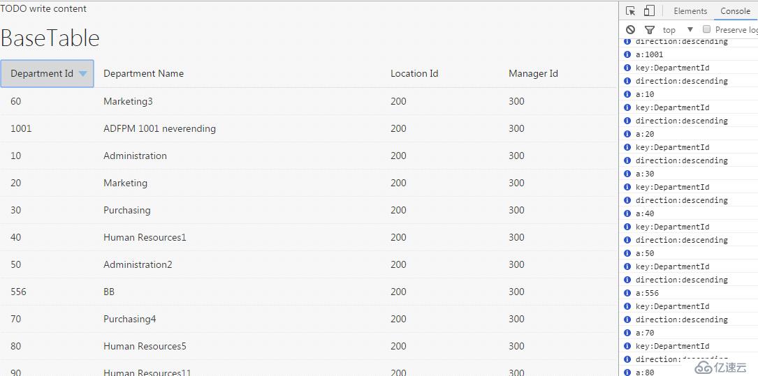 ORACLE JET Basic Table Custom Sortable