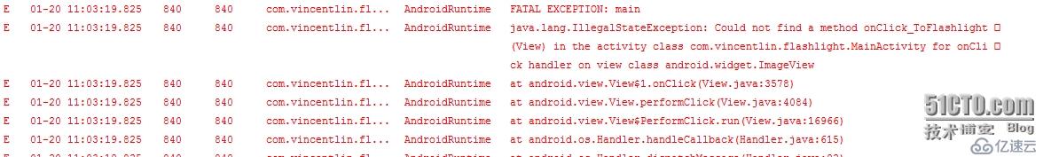 Caused by: java.lang.NoSuchMethodException: onClick_Flashlight [class android.view.View]