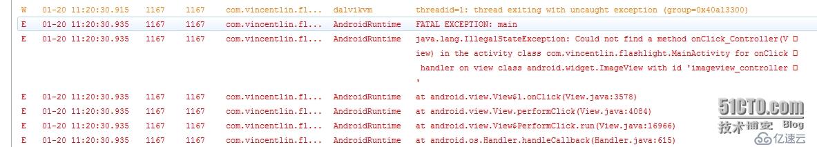 Caused by: java.lang.NoSuchMethodException: onClick_Flashlight [class android.view.View]