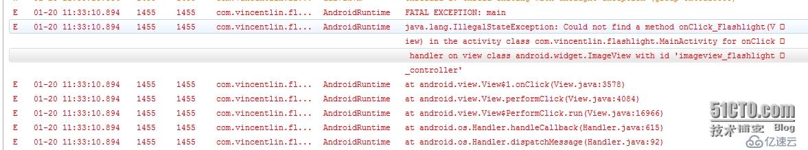 Caused by: java.lang.NoSuchMethodException: onClick_Flashlight [class android.view.View]