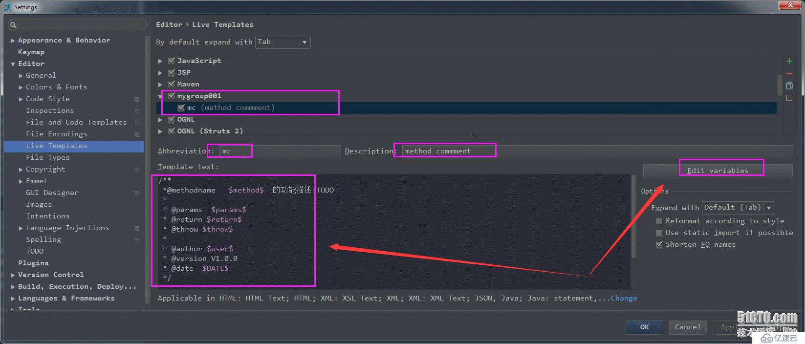 Intellij idea liveTemplate，方法，类，Html 自定义注释