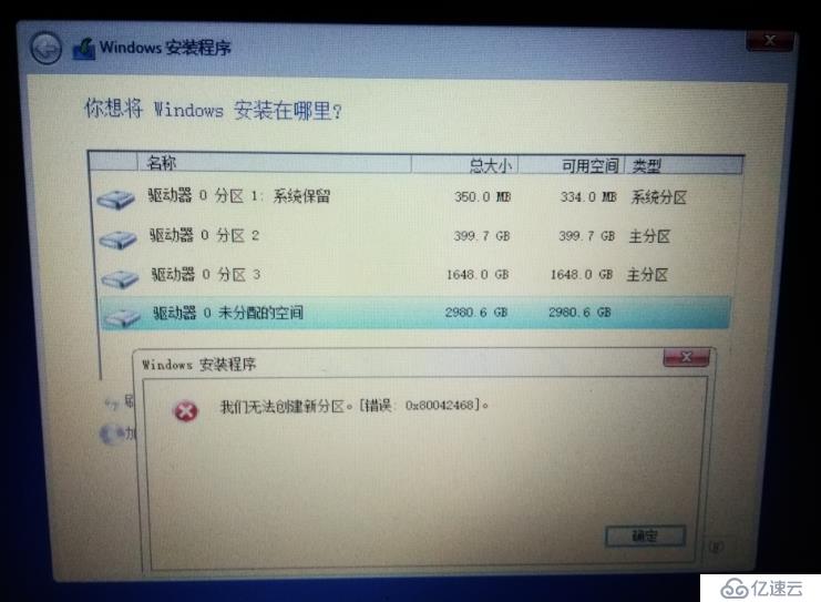 无法创建新分区。【错误：0x80042468】