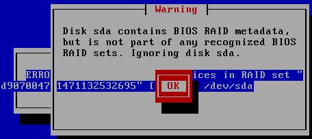 如何安裝CentOS 6.x報錯"Disk sda contains BIOS RAID metadata"解決方法