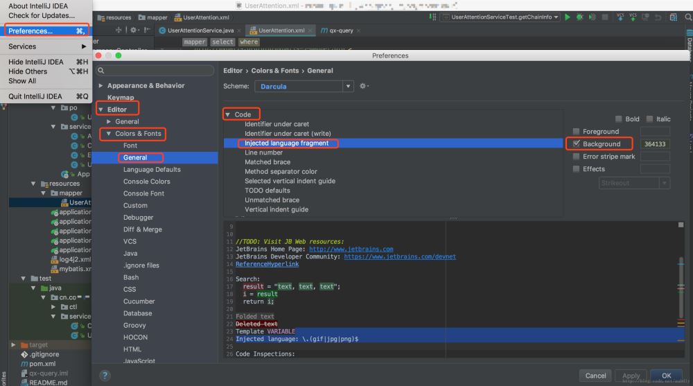 如何去掉IDEA中mybatis配置文件的局部背景颜色
