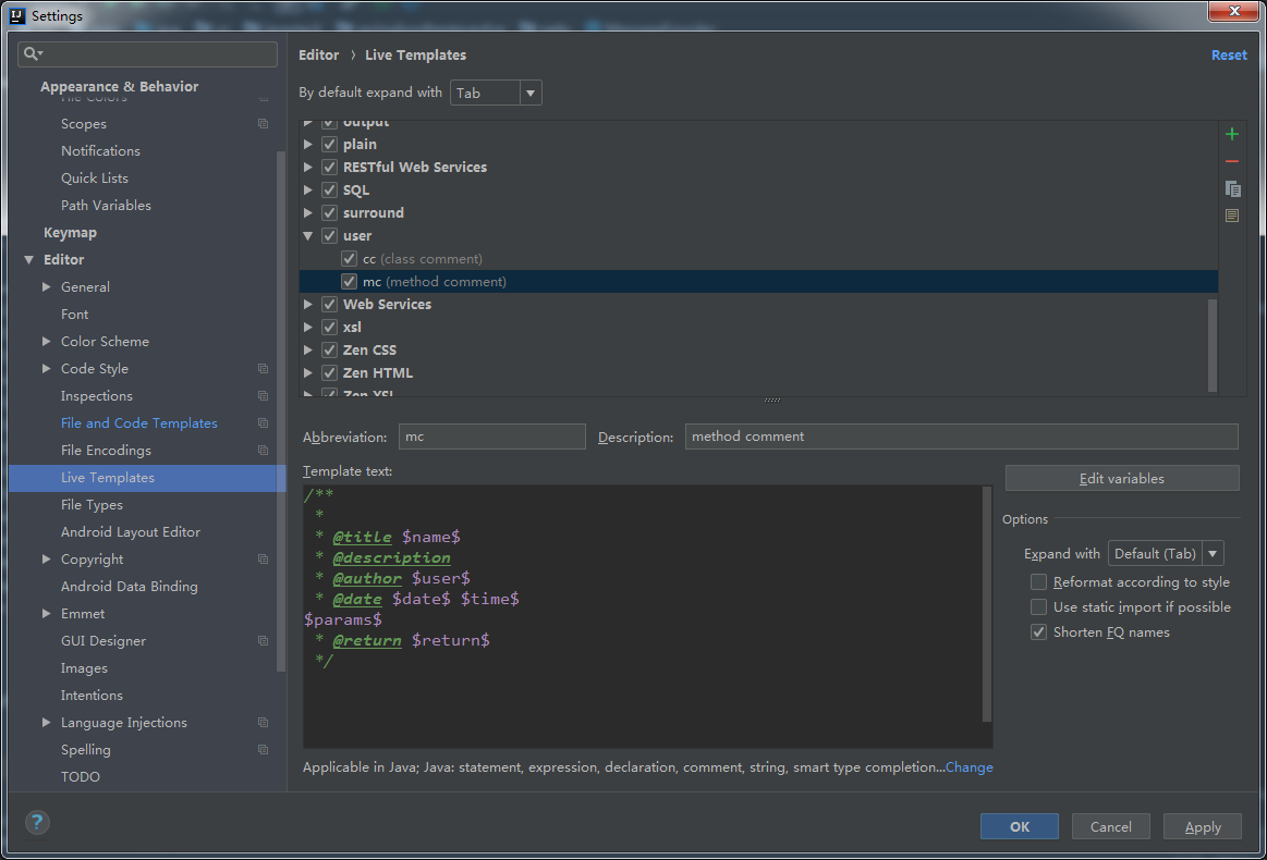 Intellij IDEA自定義注釋模板怎么弄