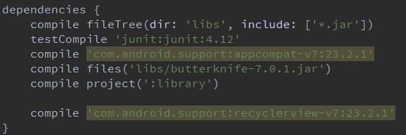在Android Studio中添加RecyclerView-v7支持包的示例
