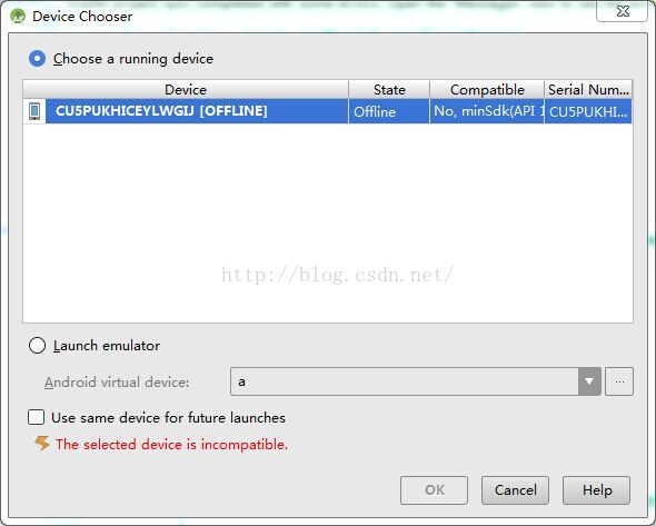 调试Android应用时出现The selected device is incompatible如何解决