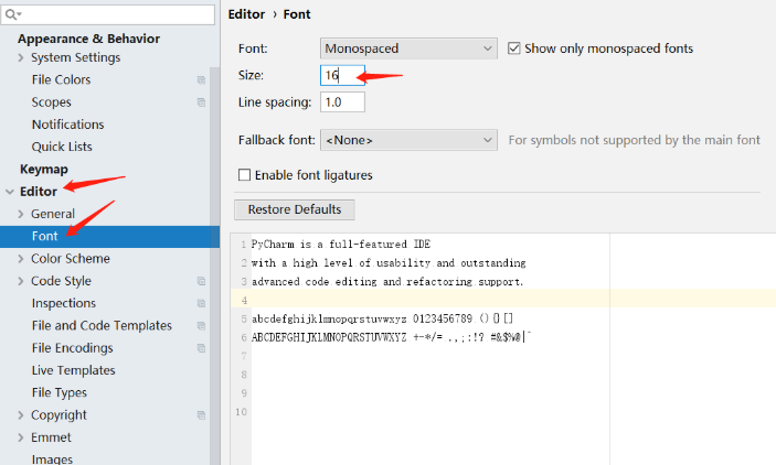 pycharm设置字体大小的方法