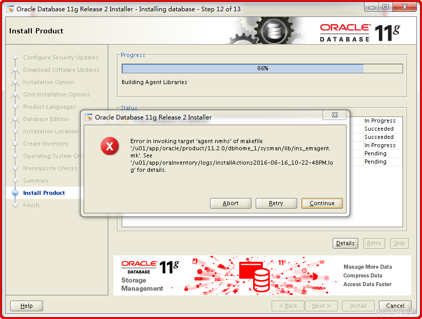 Linux7安装11g  86%报错：Error in invoking target 'agent nmhs'该怎么办