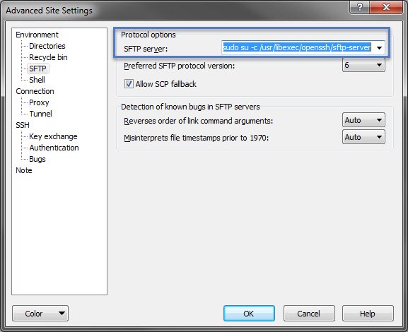 winscp中使用sudo登录服务器的方法