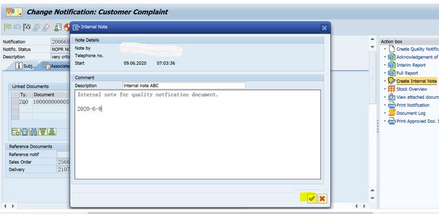SAP QM怎么维护Internal Note