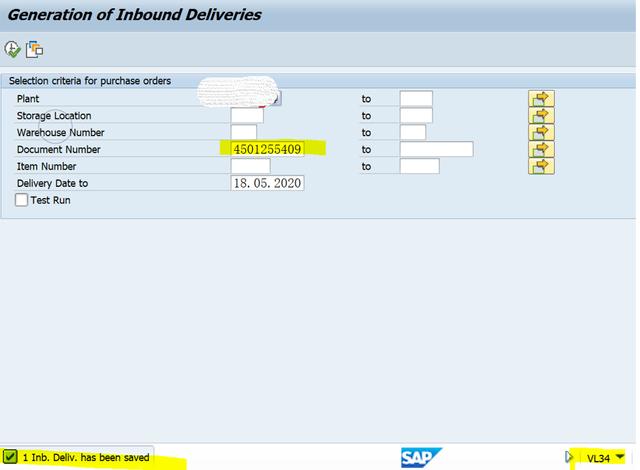 SAP MM VL34事务代码批量创建Inbound Delivery