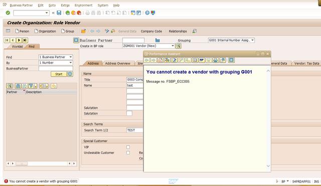 SAP使用BP创建供应商报错You cannot create a vendor with grouping G001该怎么办