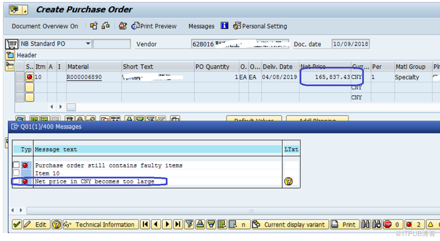 SAP MM ME21N 创建PO时报错Net price in CNY becomes too large怎么解决