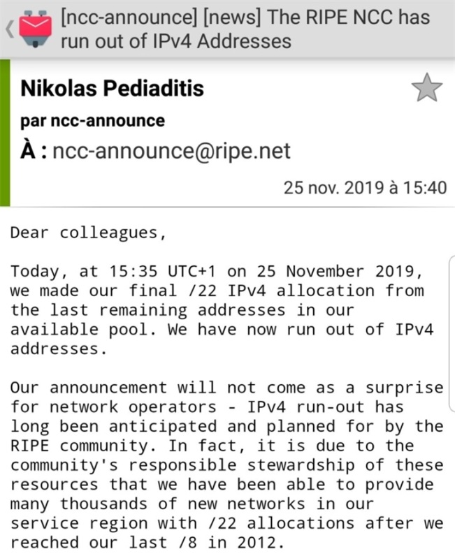 全球IPv4地址已正式耗尽！