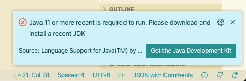 快速解決VS Code報(bào)錯(cuò)：Java 11 or more recent is required to run. Please download and install a recent JDK