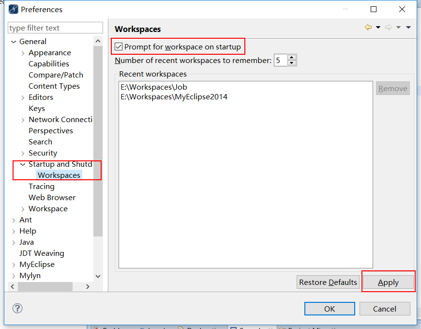 MyEclipse默认工作空间怎样取消