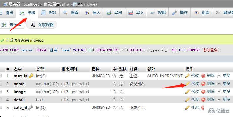 phpmyadmin如何修改字段名