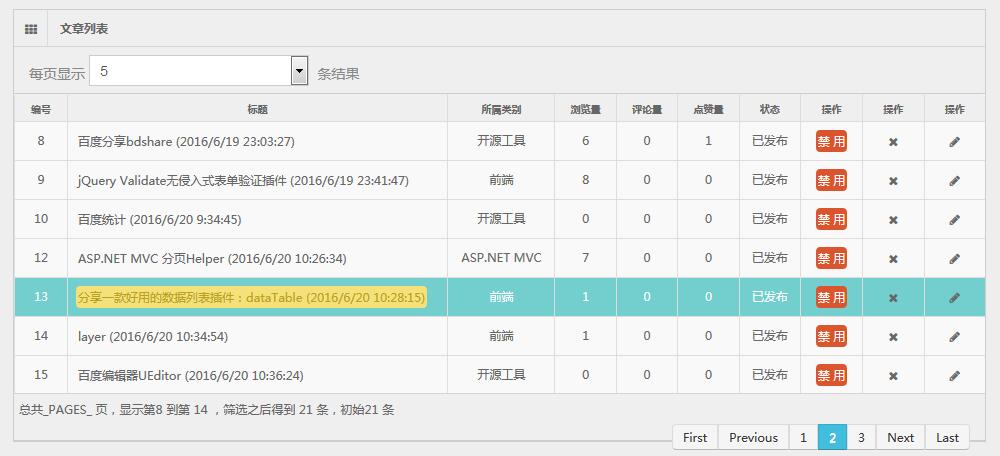 如何利用ASP.NET MVC和Bootstrap快速搭建个人博客中的后台dataTable数据列表