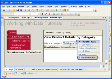 如何在ASP.NET 2.0中使用两个DropDownList过滤主/从报表