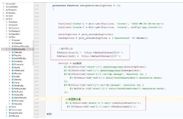 laravel-admin中如何实现后台表格筛选设置默认查询日期的方法