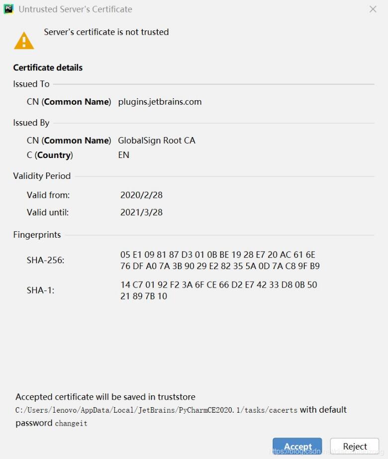 pycharm怎么跳出服务器证书不受信任的提示