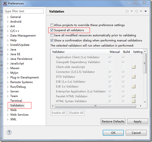 Eclipse中Validating缓慢的优化示例