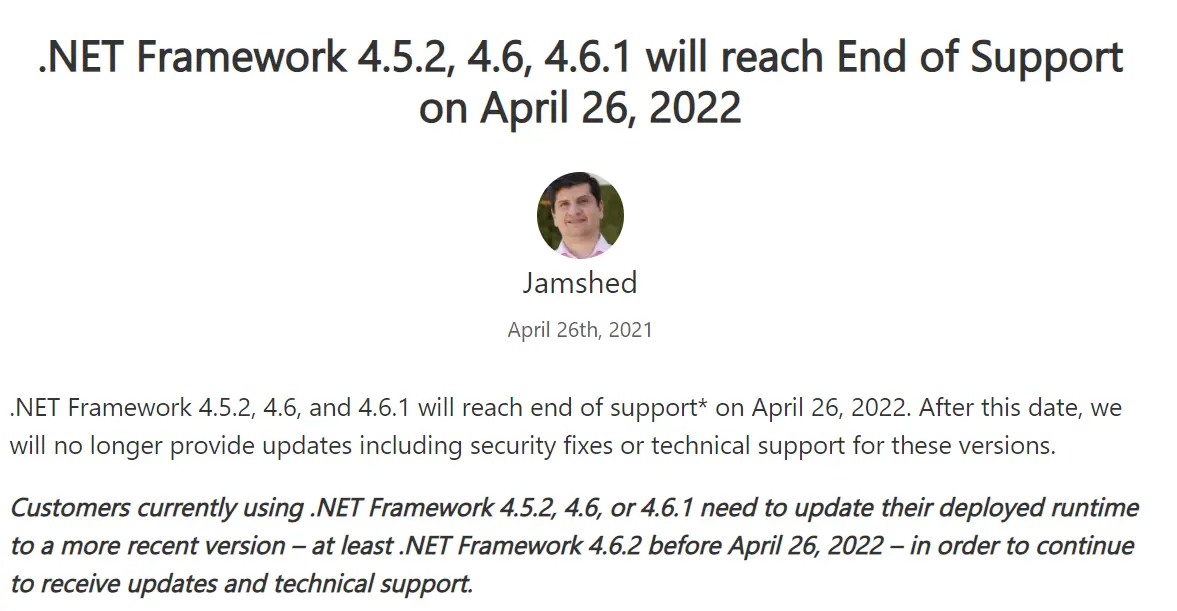 Microsoft宣布将停止支持多个.NET Framework 版本的示例分析