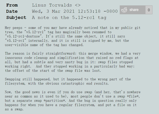 Linus发出警告请勿使用 Linux Kernel 5.12-rc1的示例分析