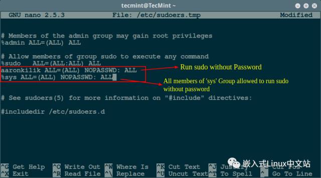 在Linux中如何配置sudo命令在运行时而不输入密码