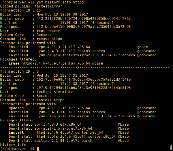 linux如何使用Yum历史查找已安装或已删除的软件包信息