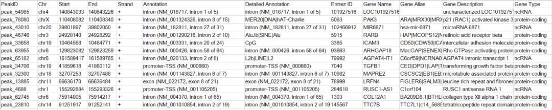 在chip_seq数据分析中peak注释信息的示例分析