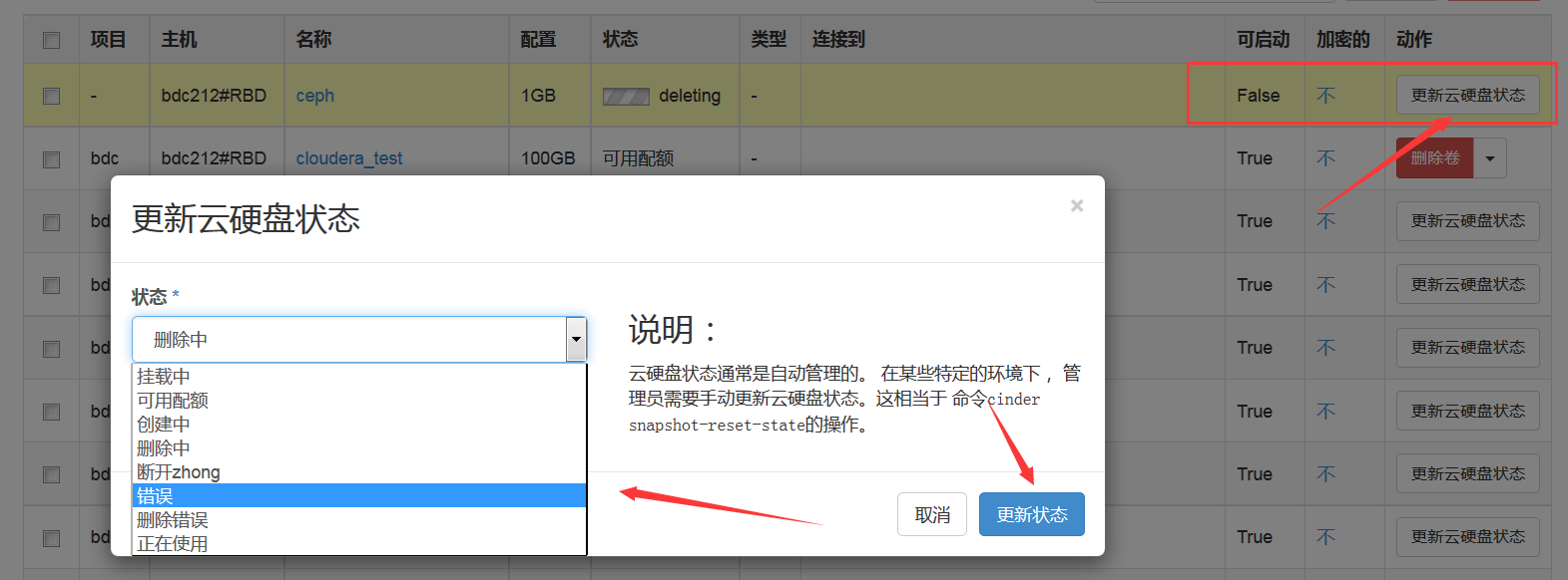 云硬盘一直处于deleting状态怎么办