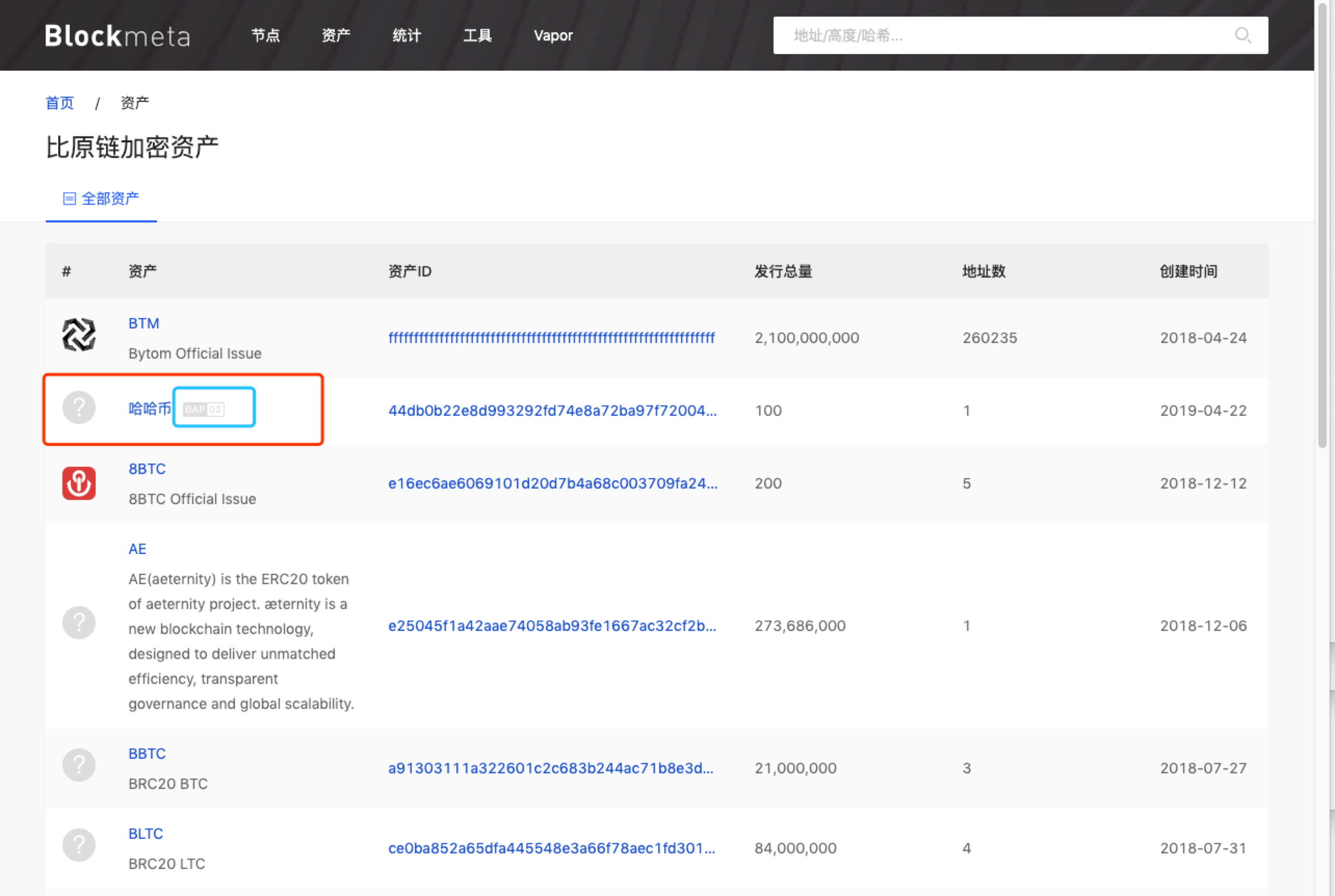 bytom的BMIP002协议在blockmeta中怎么展示