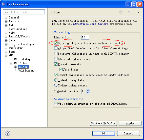Eclipse Android项目中XML文件格式化配置的示例分析