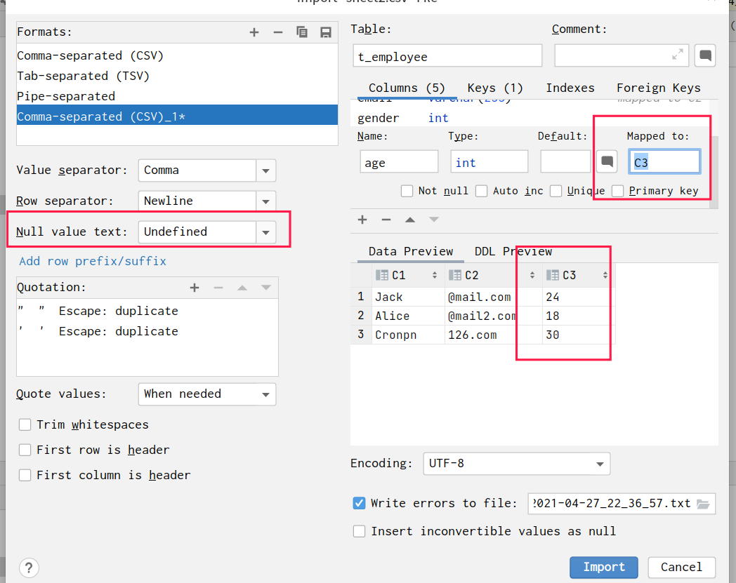 datagrip import csv paranthesis