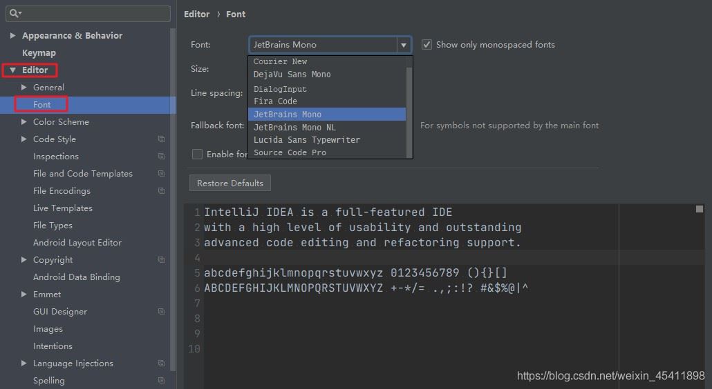 如何在IDEA中使用JetBrains Mono字体