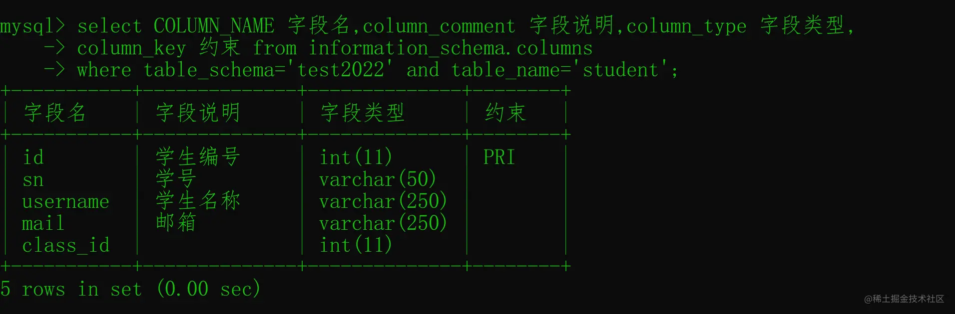 MySQL中怎么查询字段注释