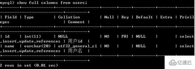 mysql如何給列加注釋