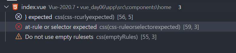 vue之“} expected“和“at-rule or selector expected“报错如何解决